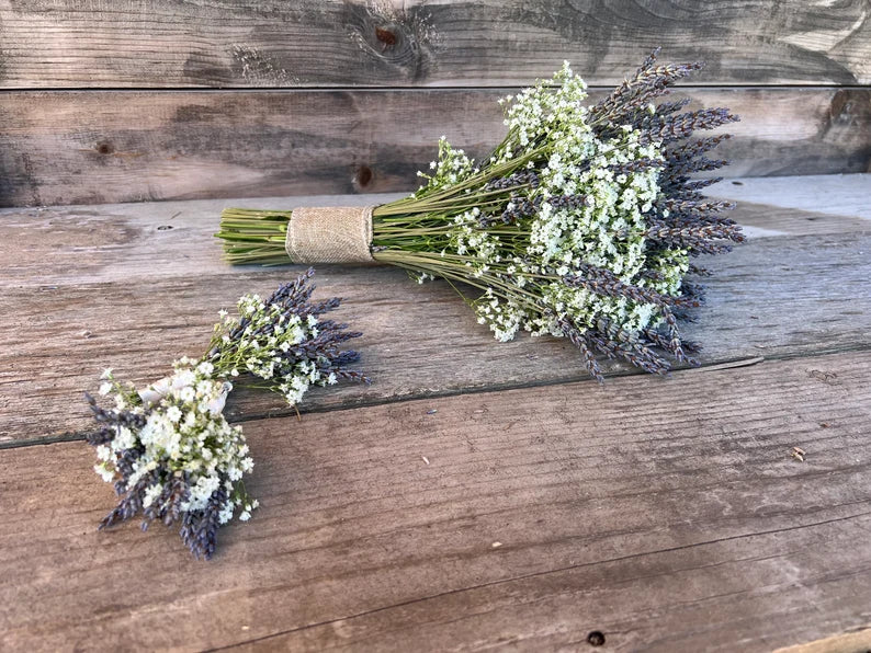 Fresh Gypsophilia Baby’s Breath and Dried Lavender Set DIY Wedding Bride Bouquet, Bridesmaids Bouquets, Boutonnière,Thanksgiving, Home Decor