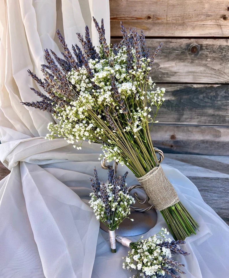 Fresh Gypsophilia Baby’s Breath and Dried Lavender Set DIY Wedding Bride Bouquet, Bridesmaids Bouquets, Boutonnière,Thanksgiving, Home Decor