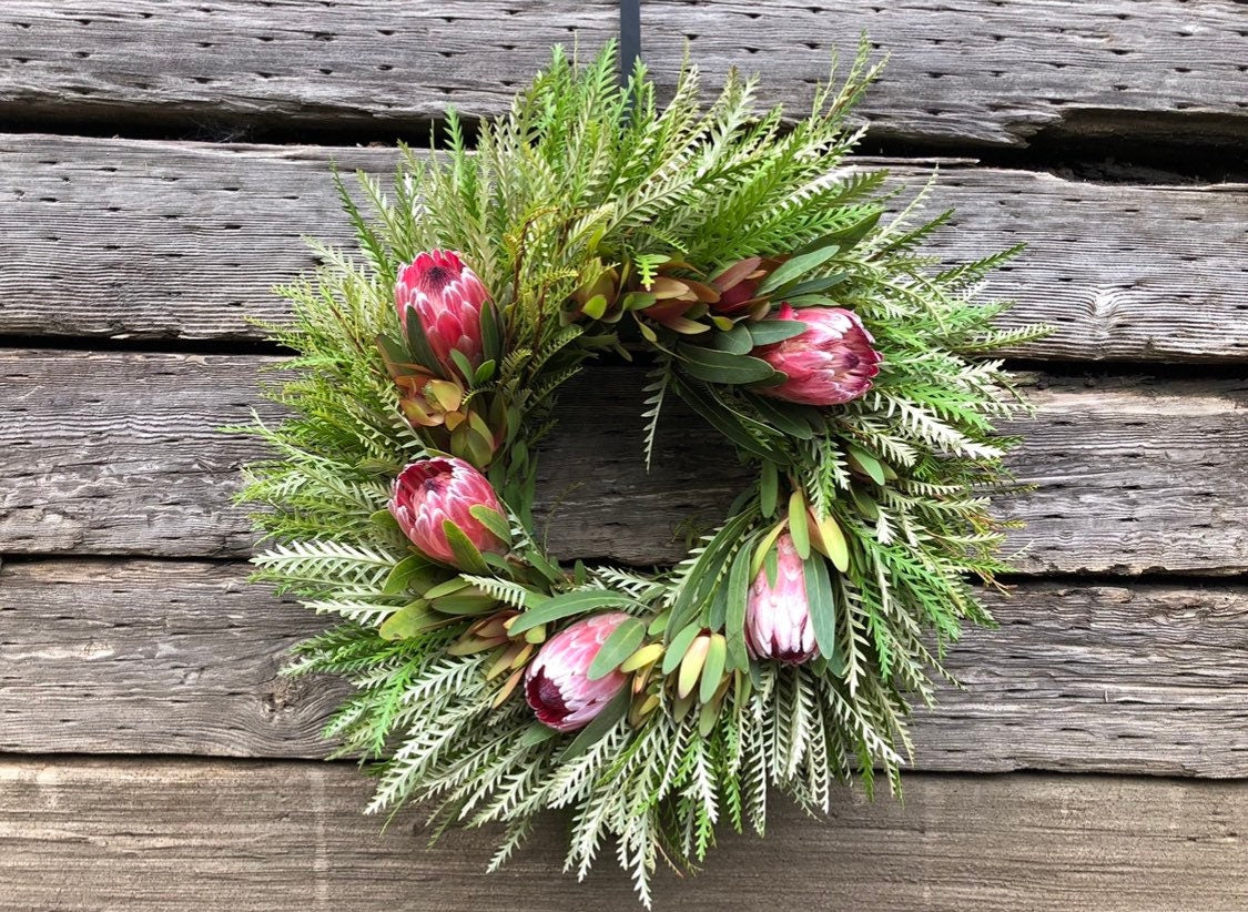 Fresh Real Grevillea, Pink Ice Protea Wreath for Front Door Christmas wreath winter decor kitchen rustic birthday housewarming gift New year