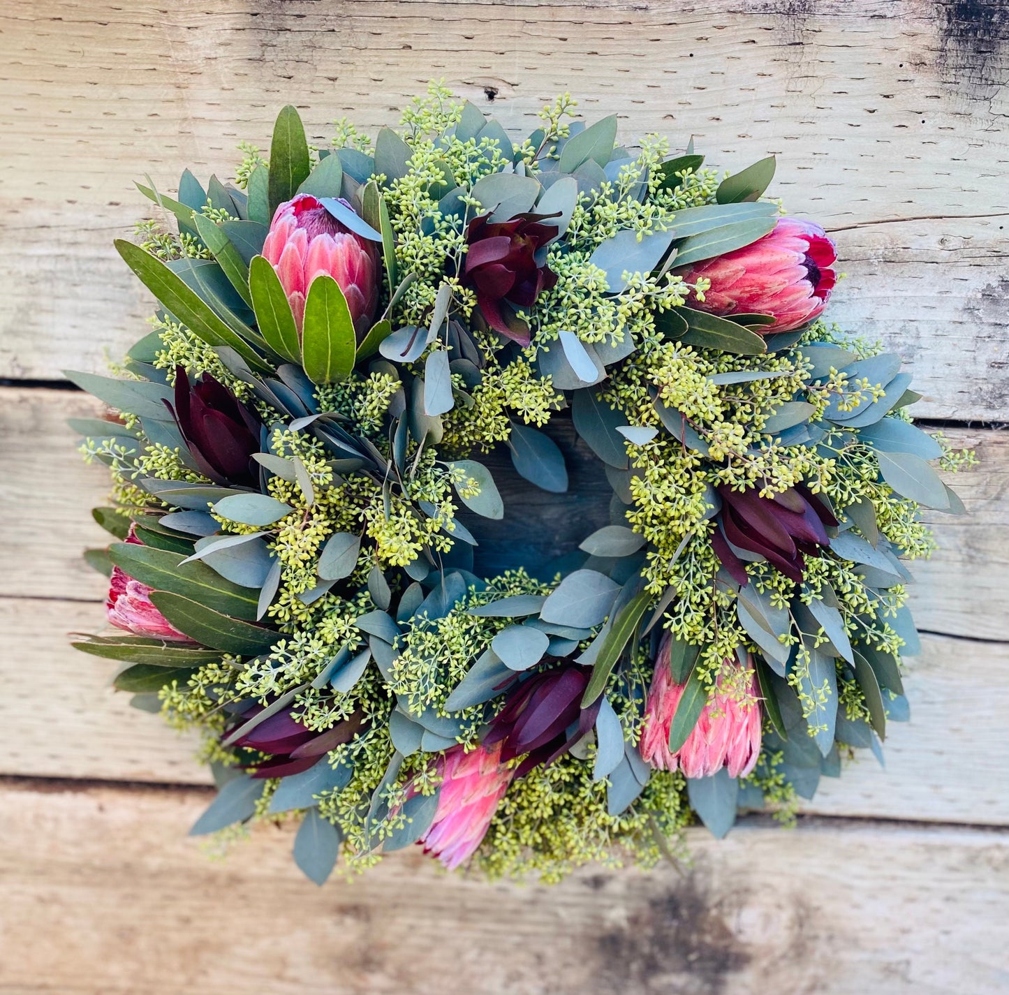 Fresh Natural Seeded Eucalyptus and Pink Ice Protea Flower wreath Front Door Decor Spring Summer Birthday Valentines Day Gift  housewarming