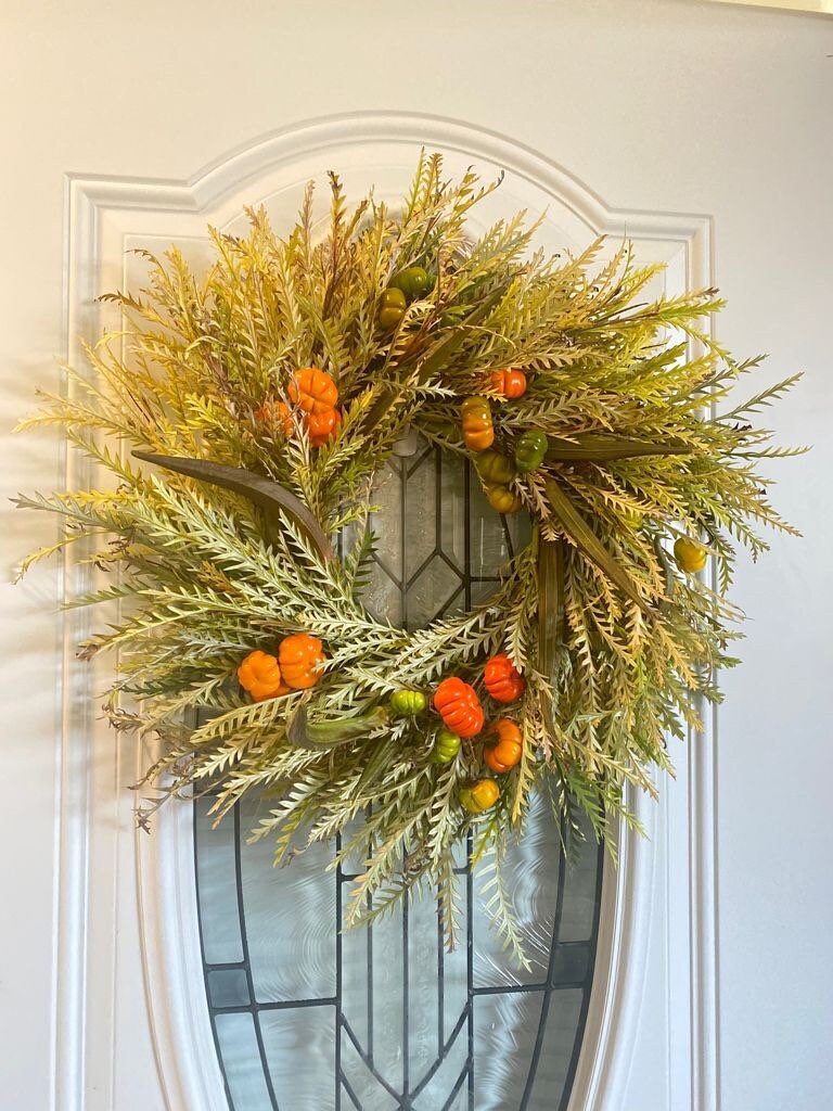 Fresh Grevillea, Okra, and Fresh Pumpkin Wreath. Front Door Decor, Home Decoration, Christmas, Winter, New year, Birthday Housewarming.