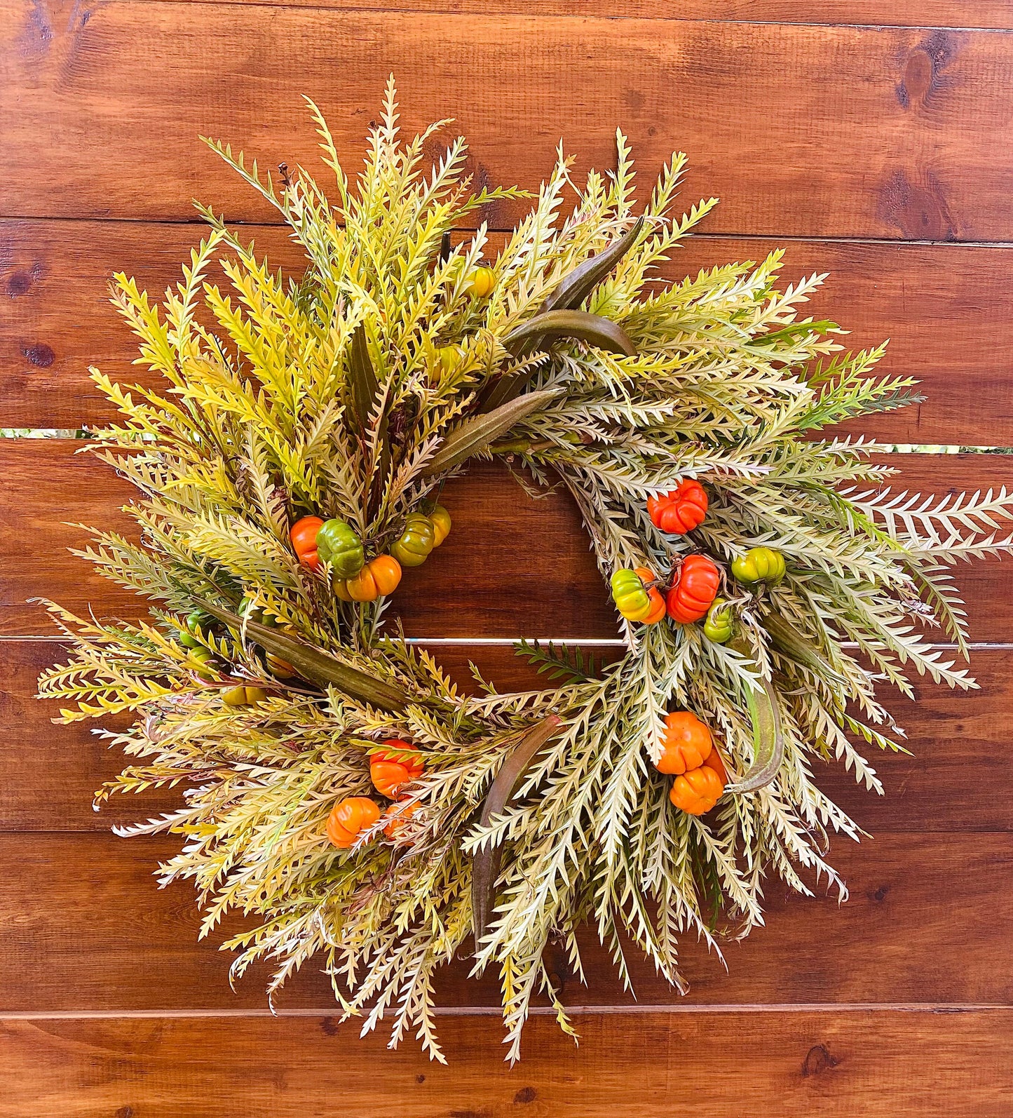 Fresh Grevillea, Okra, and Fresh Pumpkin Wreath. Front Door Decor, Home Decoration, Christmas, Winter, New year, Birthday Housewarming.