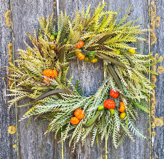 Fresh Grevillea, Okra, and Fresh Pumpkin Wreath. Front Door Decor, Home Decoration, Christmas, Winter, New year, Birthday Housewarming.