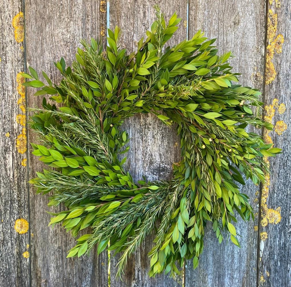 Fresh real rosemary and myrtle wreath perfect for front door hanger Decor for Christmas, New year, House Warming.