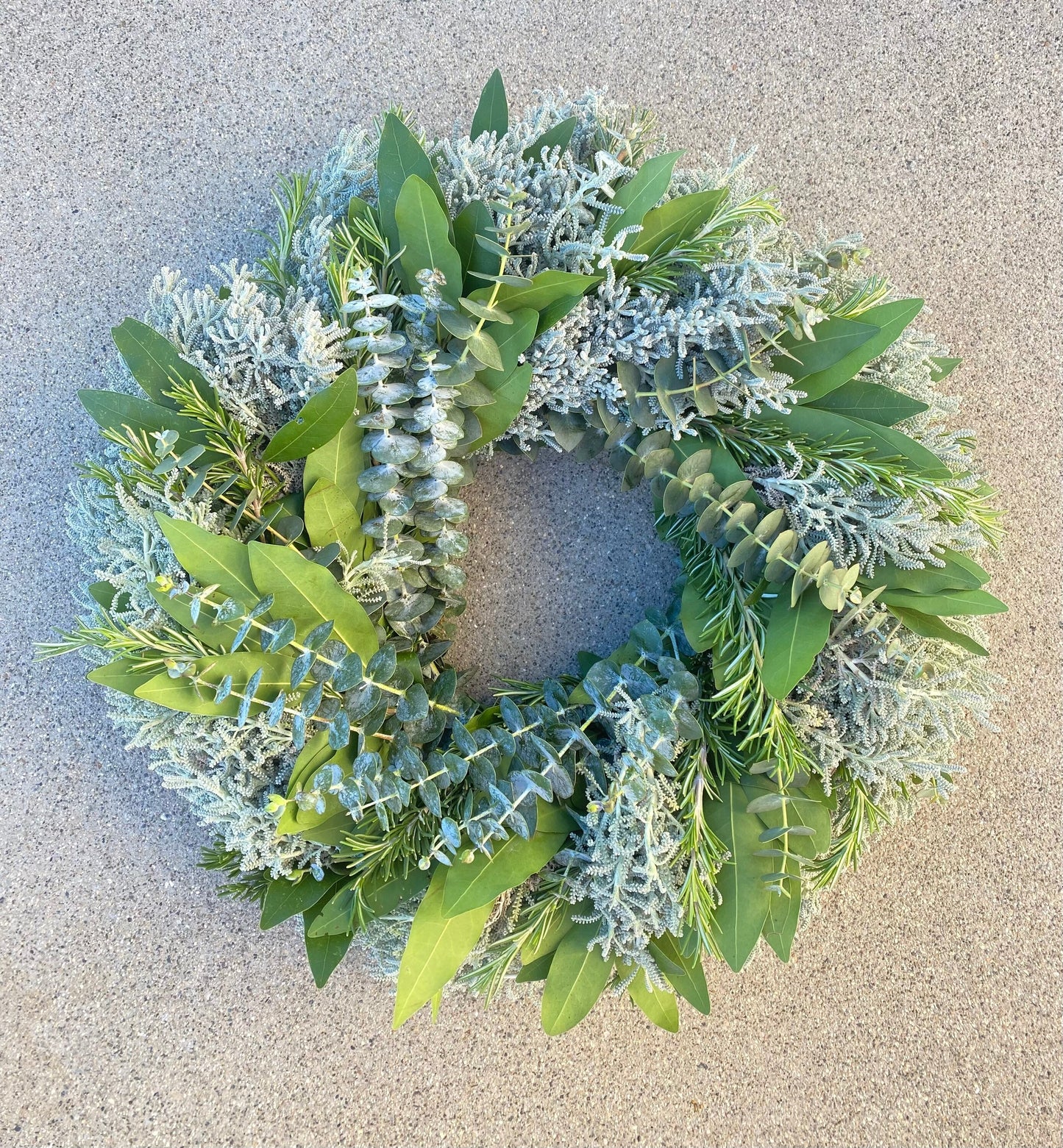 Fresh Santolina, Bayleaf, Rosemary, Baby blue eucalyptus Wreath Door hanger decoration advent Hanukkah, Winter, New year, Christmas.