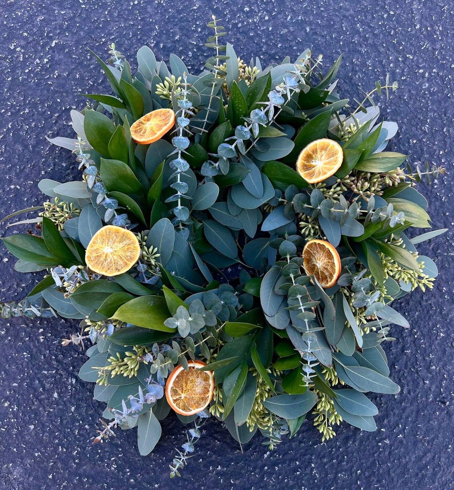 FRESH Eucalyptus, Baby Blue, Ruscus, Naturally Dehydrated Oranges Wreath For Front Door, Spring, Summer Decor Birthday Valentines Day Gift