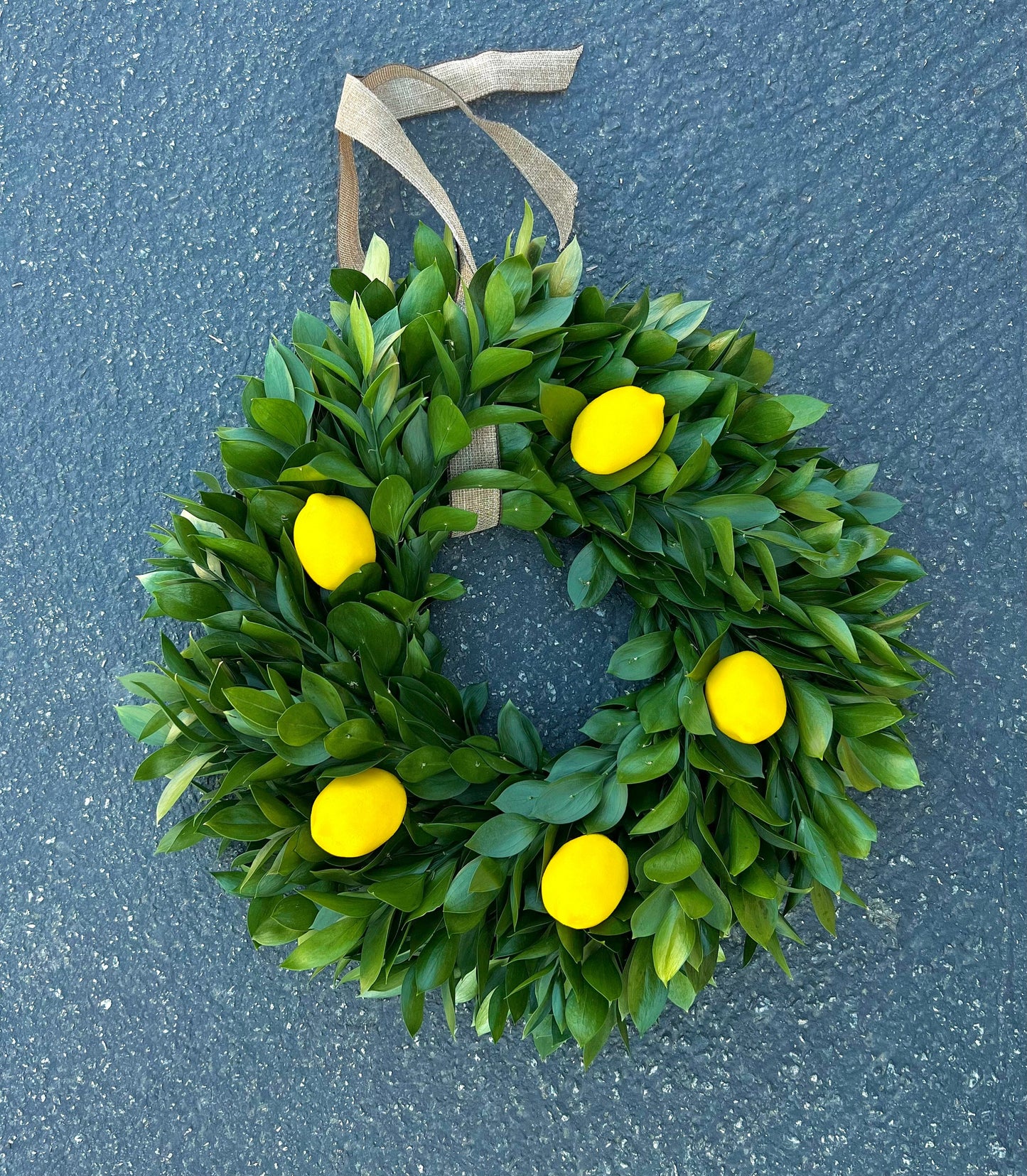 Real Fresh ruscus, and Faux Lemons Wreath for Front Door Decor, House, Indoors, Outdoors, New year , Autumn, Christmas, Kitchen, Office