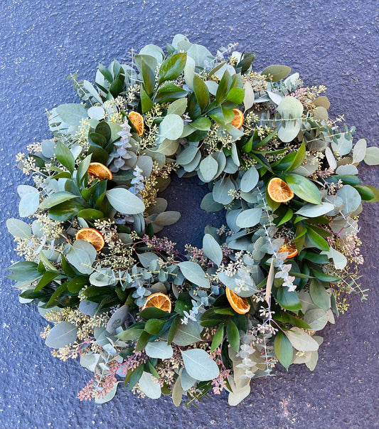 FRESH Eucalyptus, Baby Blue, Ruscus, Naturally Dehydrated Oranges Wreath For Front Door, Spring, Summer Decor Birthday Valentines Day Gift