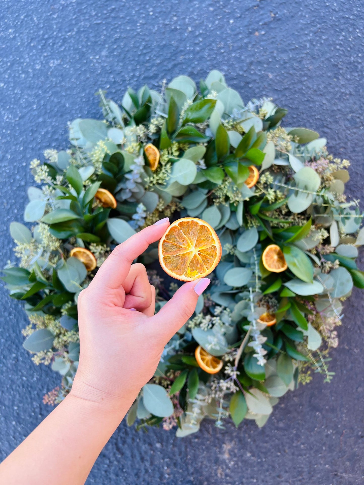 FRESH Eucalyptus, Baby Blue, Ruscus, Naturally Dehydrated Oranges Wreath For Front Door, Spring, Summer Decor Birthday Valentines Day Gift