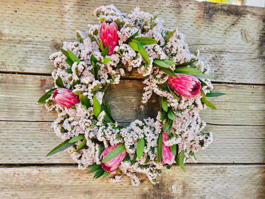 Fresh Spring wreath for front door Real Blush/White Statice, Bay leaf, Pink Ice Proteas, Front Door Decor, Home Decorations, Christmas