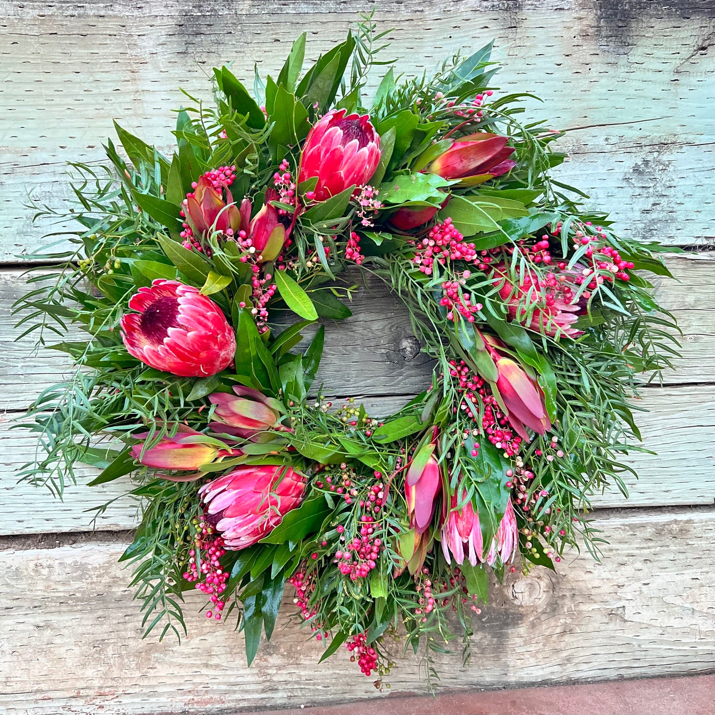 FRESH wreath Real Bayleaf Laurel, Pepperberry, Pink Ice Protea, Safari Spring Easter housewarming gifts birthday aroma valentines day gift