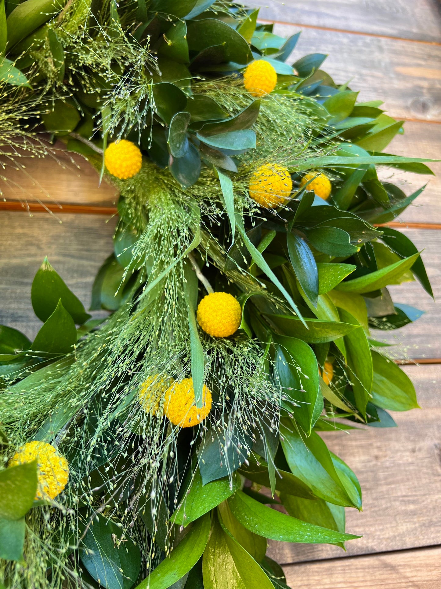 Fresh Real Long Lasting Wreath for Front Door Decor, Ruscus, Explosion Grass, Billy Balls, Indoors, Farm House, Kitchen, Spring, Easter