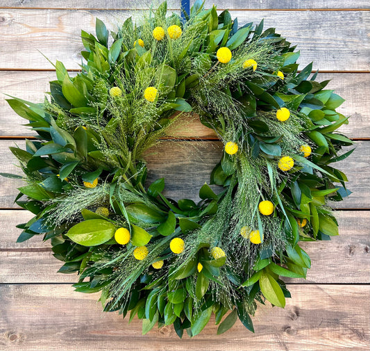 Fresh Real Long Lasting Wreath for Front Door Decor, Ruscus, Explosion Grass, Billy Balls, Indoors, Farm House, Kitchen, Spring, Easter