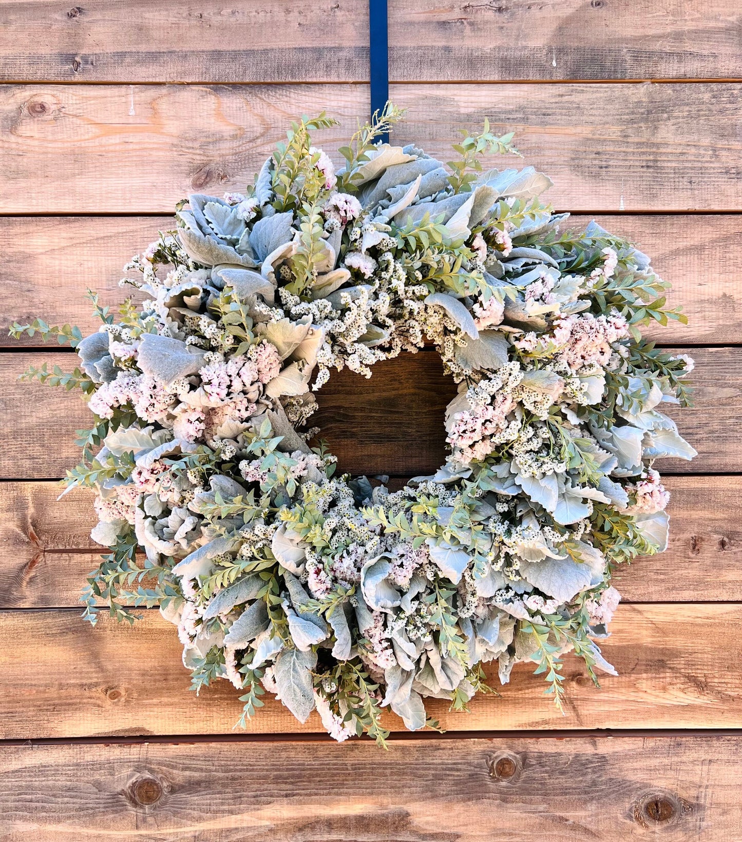 wreath Fresh Real Dusty Miller, Blush Statice and White Misty Wreath for Home Front Door Decor, Winter, Christmas, New year White Tones