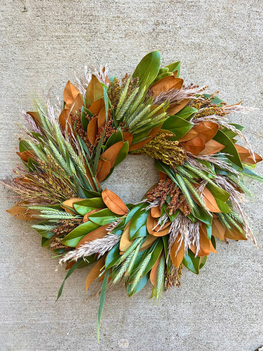 Fresh Real Magnolia, Pampas and Grain Grasses Wreath for Front Door Decor Chimney Indoors Outdoors housewarming gift Office Decor Kitchen