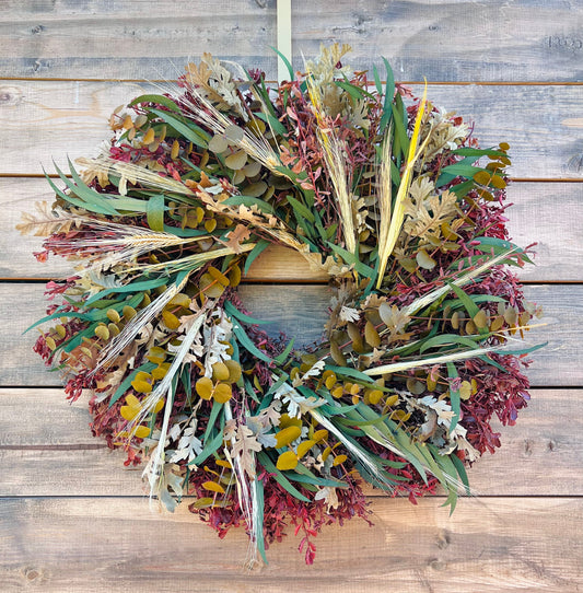 Wreath for Front Door Decor, Preserved Wheat, Eucalyptus, Salal, Winter, Christmas, New year Long Lasting Everlasting.