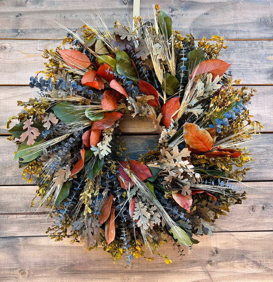 Real Natural Wreath for Front Door Decor Preserved, Long Lasting Wheat, Eucalyptus, Salal, Spring, Easter, Kitchen, Indoor Office