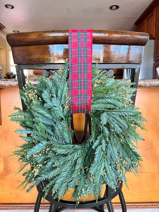 Pine Wreath Red Ribbon Included thanksgiving Barstools Christmas front door porch decor Christmas decor advent Winter New year Birthday