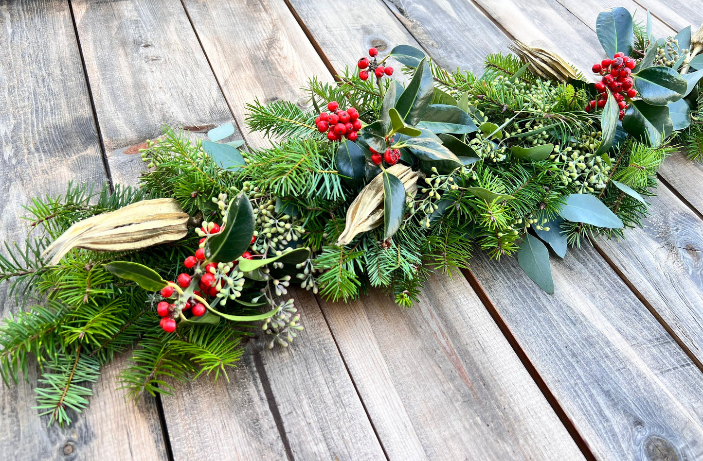 Fresh Red Berries, Douglas Fir, Eucalyptus and Gold Dried Okra Garland, Christmas Dinner mantel Holidays, Table Runner, New year, Birthday