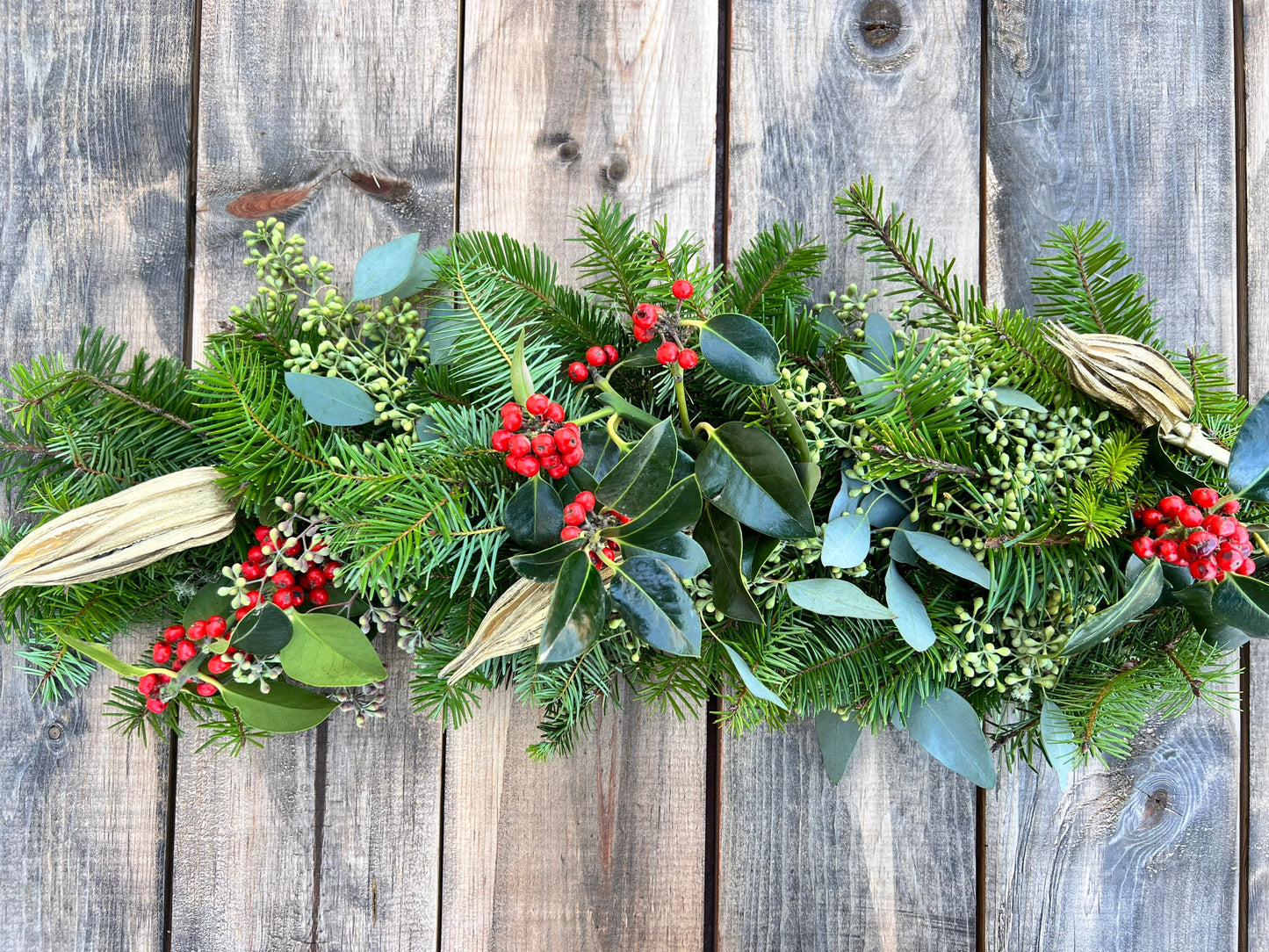 Fresh Red Berries, Douglas Fir, Eucalyptus and Gold Dried Okra Garland, Christmas Dinner mantel Holidays, Table Runner, New year, Birthday