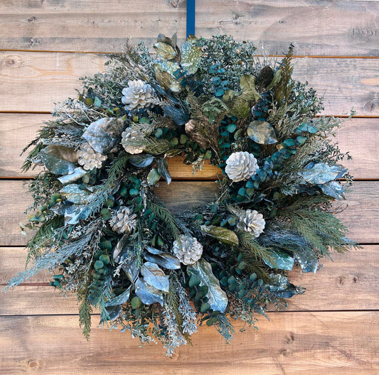 Green and Silver Wreath for Front Door Decor. Preserved, Salal, Eucalyptus, Cypress Pine Cones. Christmas Wreath Long Lasting, Winter