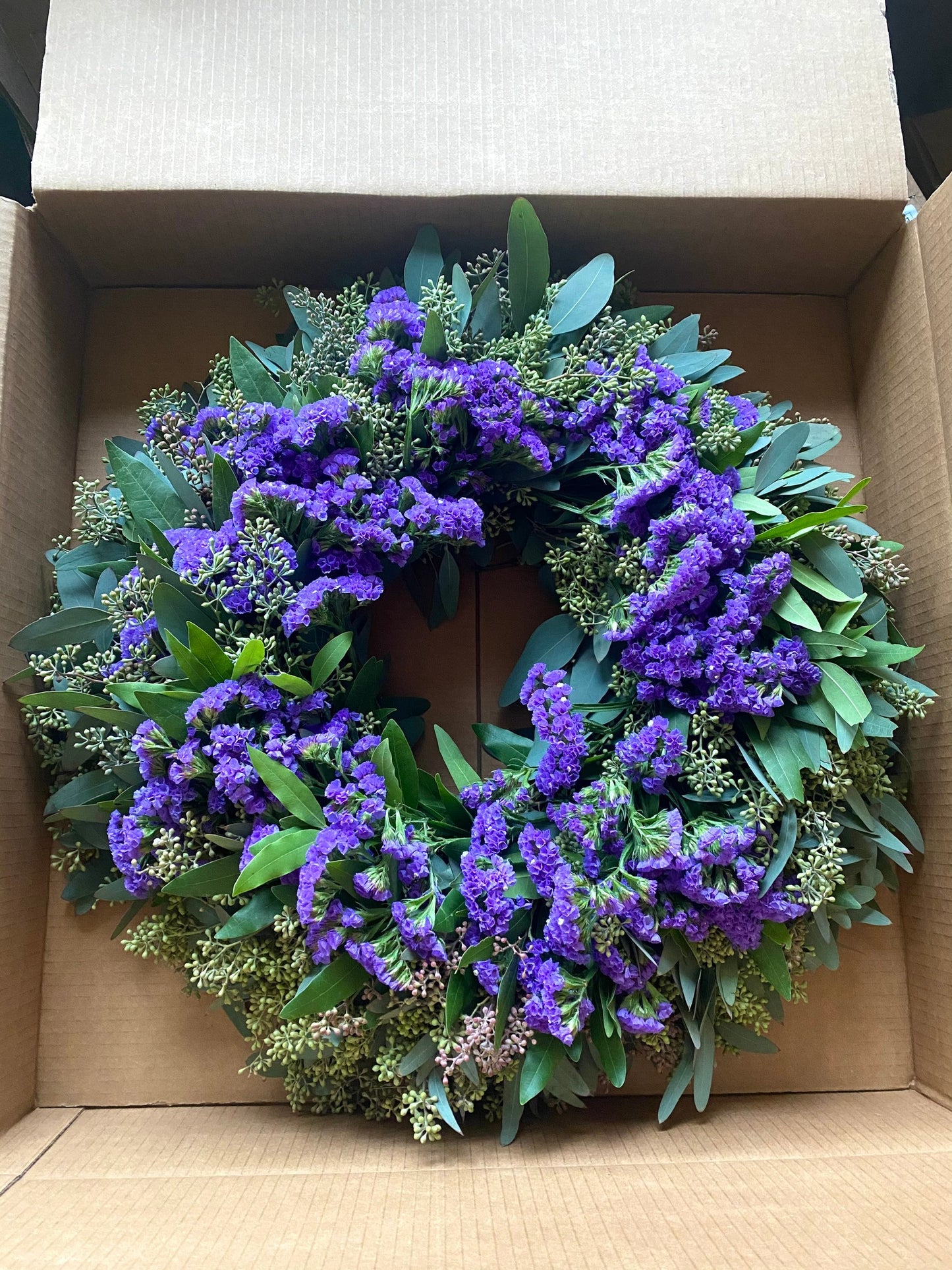 Fresh Purple statice, Bay leaf, and Seeded Eucalyptus Wreath Front Door Porch Wedding Kitchen Housewarming Spring Easter Valentines Day Gift