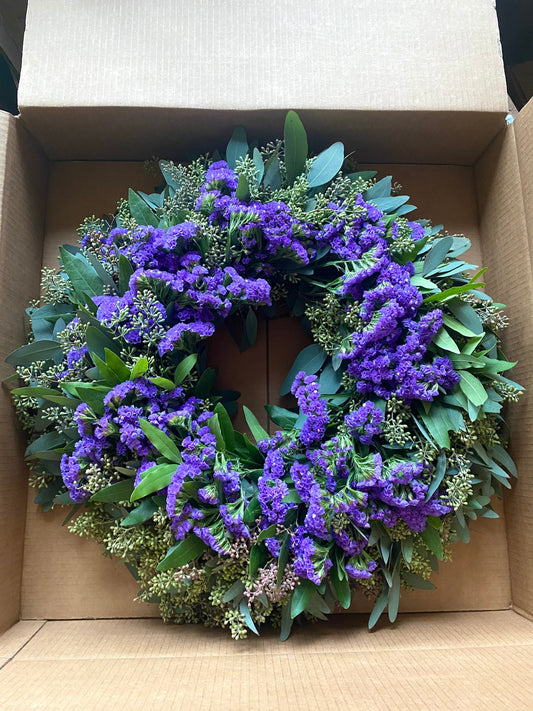 Fresh Purple statice, Bay leaf, and Seeded Eucalyptus Wreath Front Door Porch Wedding Kitchen Housewarming Spring Easter Valentines Day Gift