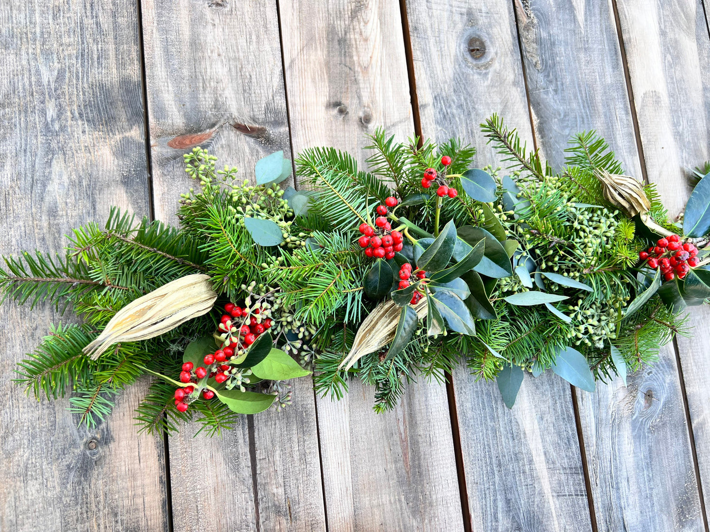 Fresh Red Berries, Douglas Fir, Eucalyptus and Gold Dried Okra Garland, Christmas Dinner mantel Holidays, Table Runner, New year, Birthday