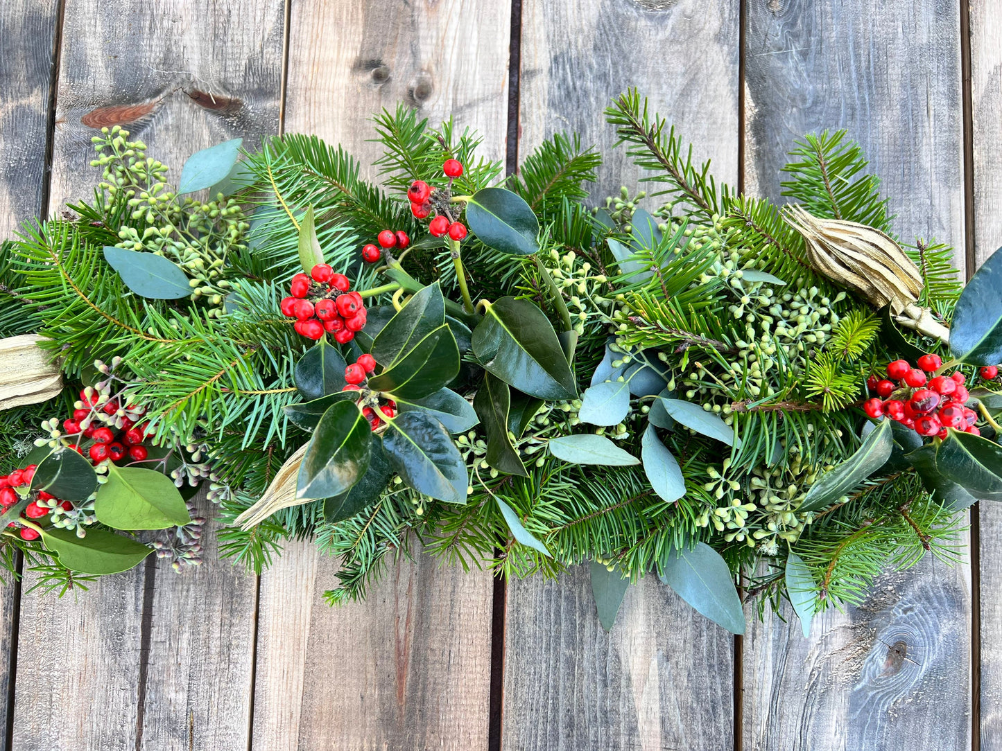 Fresh Red Berries, Douglas Fir, Eucalyptus and Gold Dried Okra Garland, Christmas Dinner mantel Holidays, Table Runner, New year, Birthday