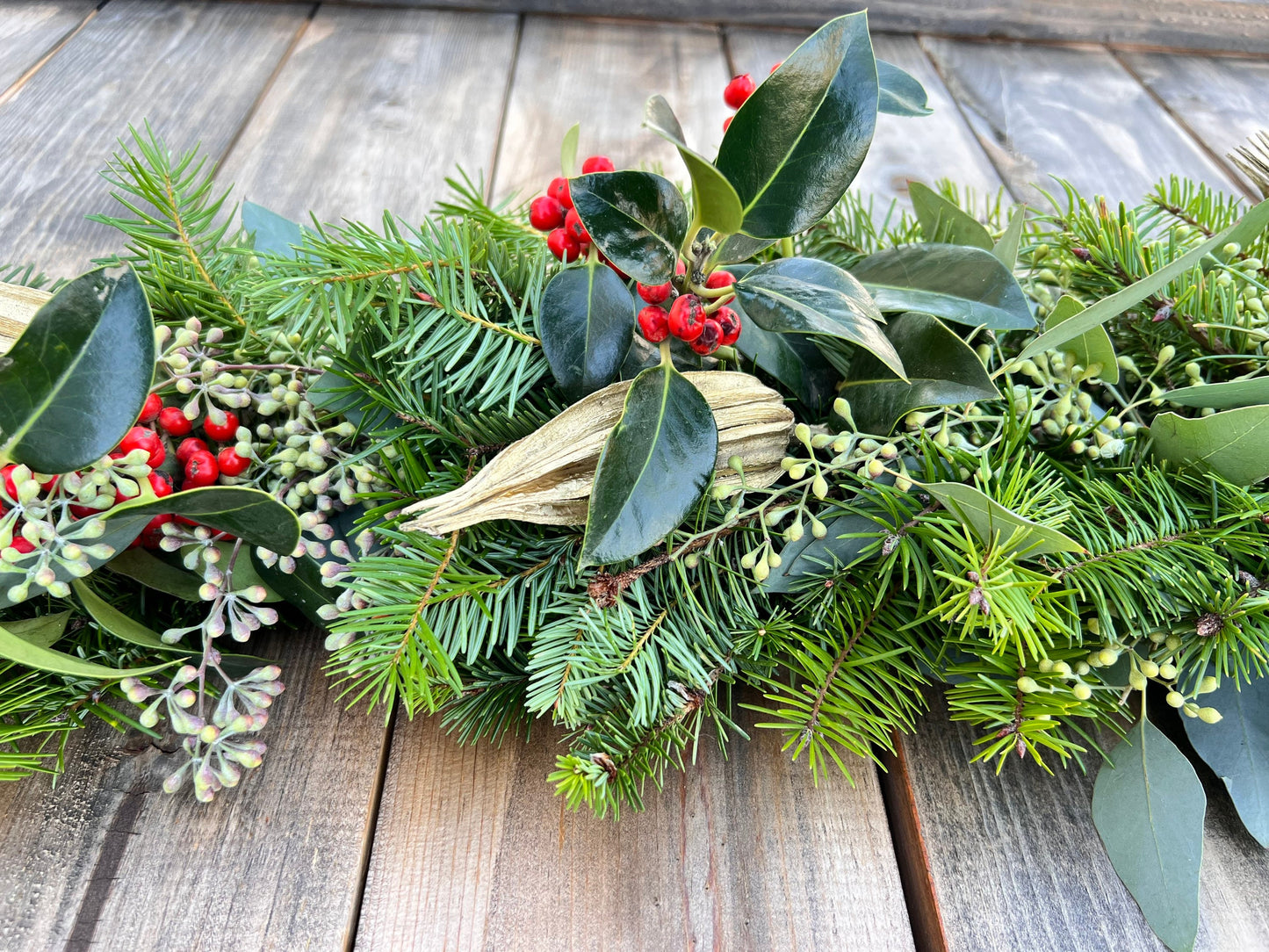 Fresh Red Berries, Douglas Fir, Eucalyptus and Gold Dried Okra Garland, Christmas Dinner mantel Holidays, Table Runner, New year, Birthday