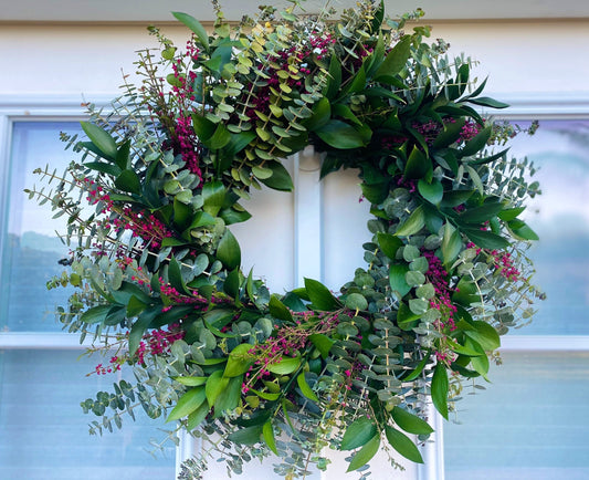 Fresh Real Baby Blue Eucalyptus, Pink Heather, and Ruscus Wreath Front Door, Wedding, Wall, Home Decor, Spring, Easter, Valentines Day