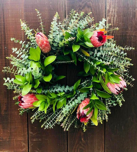 Fresh Real Baby Blue Eucalyptus, Pink Ice Proteas, and Ruscus Wreath.  Wreath for Front Door Decor Easter, Christmas, new year, winter Gift