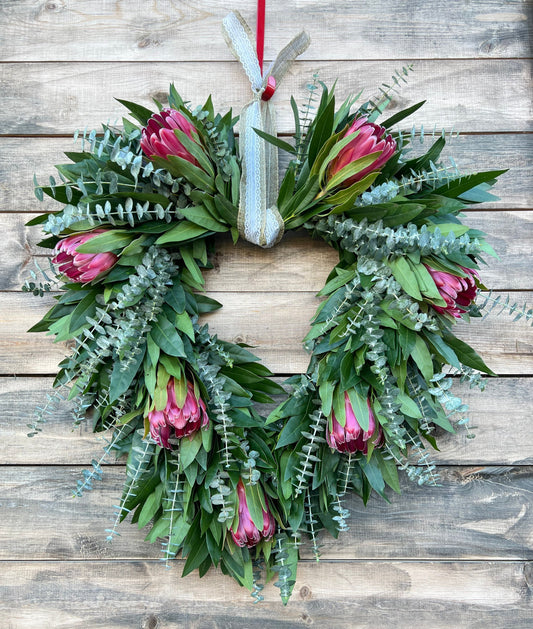 24” Real Heart Wreath for Front Door Decor, Fresh Bayleaf, Pink Ice proteas, Eucalyptus, Home Decor, wedding Decor Winter, Birthday Gift