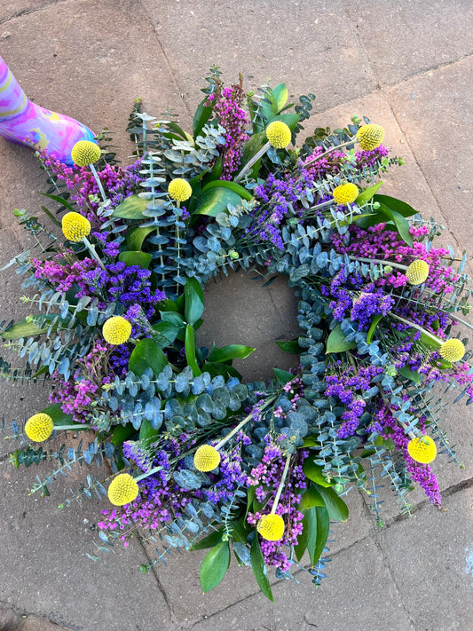 Fresh Wreath for Front Door Decor, Eucalyptus, Limonium, Craspedia, Billy Balls. Home Decor, Long Lasting, Spring, Easter, Valentines day