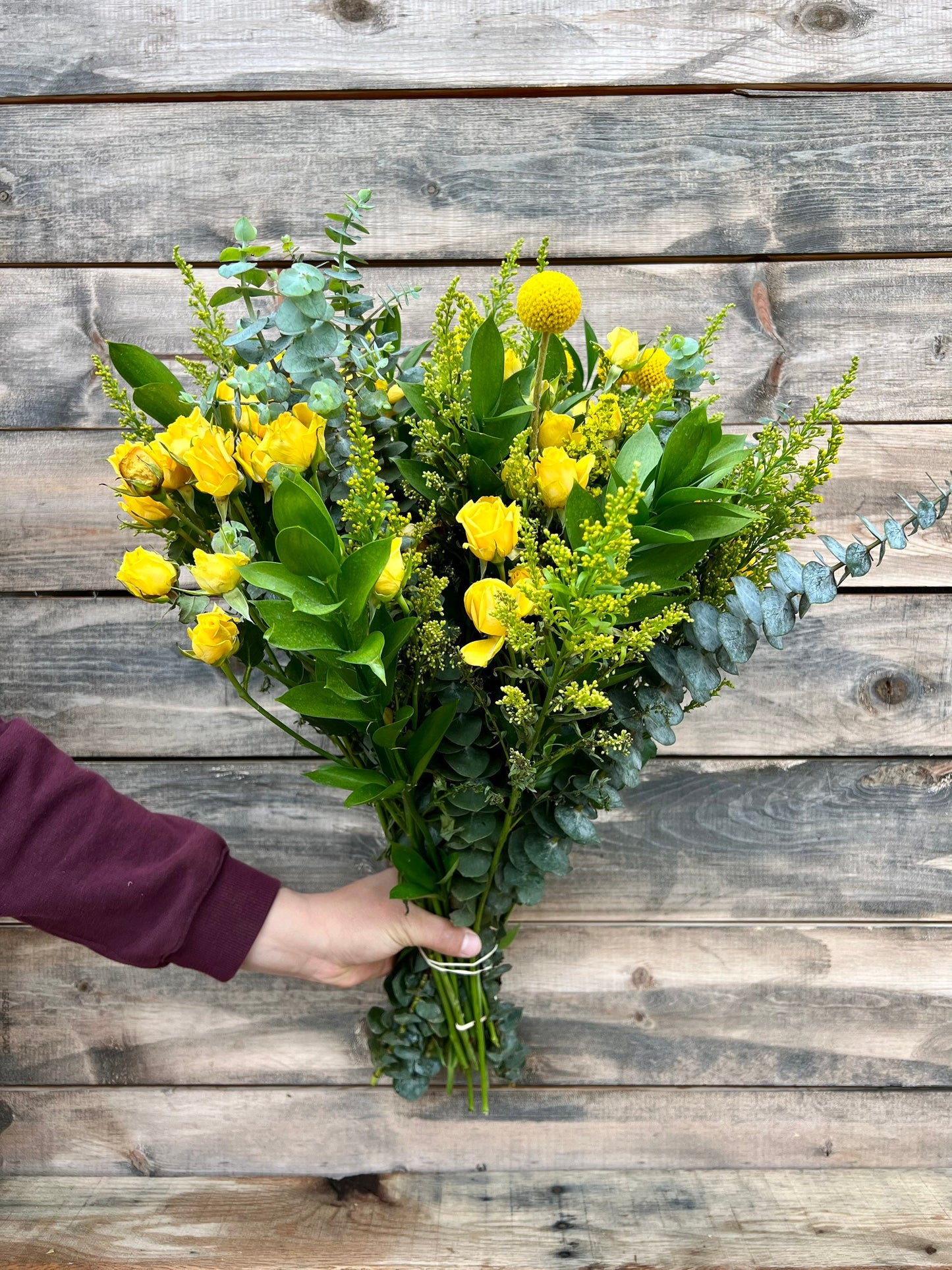 Real Fresh Flower Bouquet Yellow, Eucalyptus Ruscus, Billy Balls, Yellow Roses perfect gift summer home decor Graduation gift