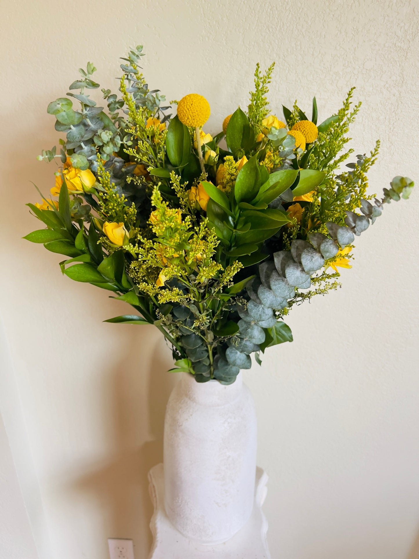 Real Fresh Flower Bouquet Yellow, Eucalyptus Ruscus, Billy Balls, Yellow Roses perfect gift summer home decor Graduation gift