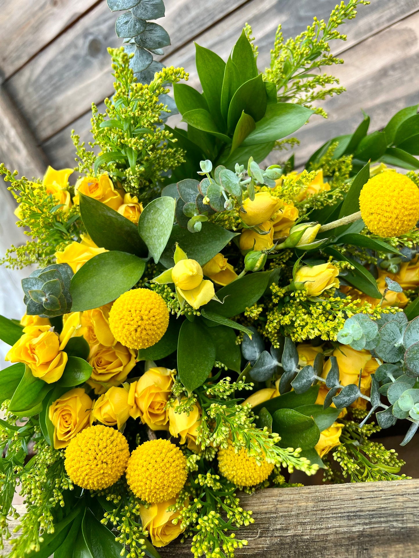 Real Fresh Flower Bouquet Yellow, Eucalyptus Ruscus, Billy Balls, Yellow Roses perfect gift summer home decor Graduation gift