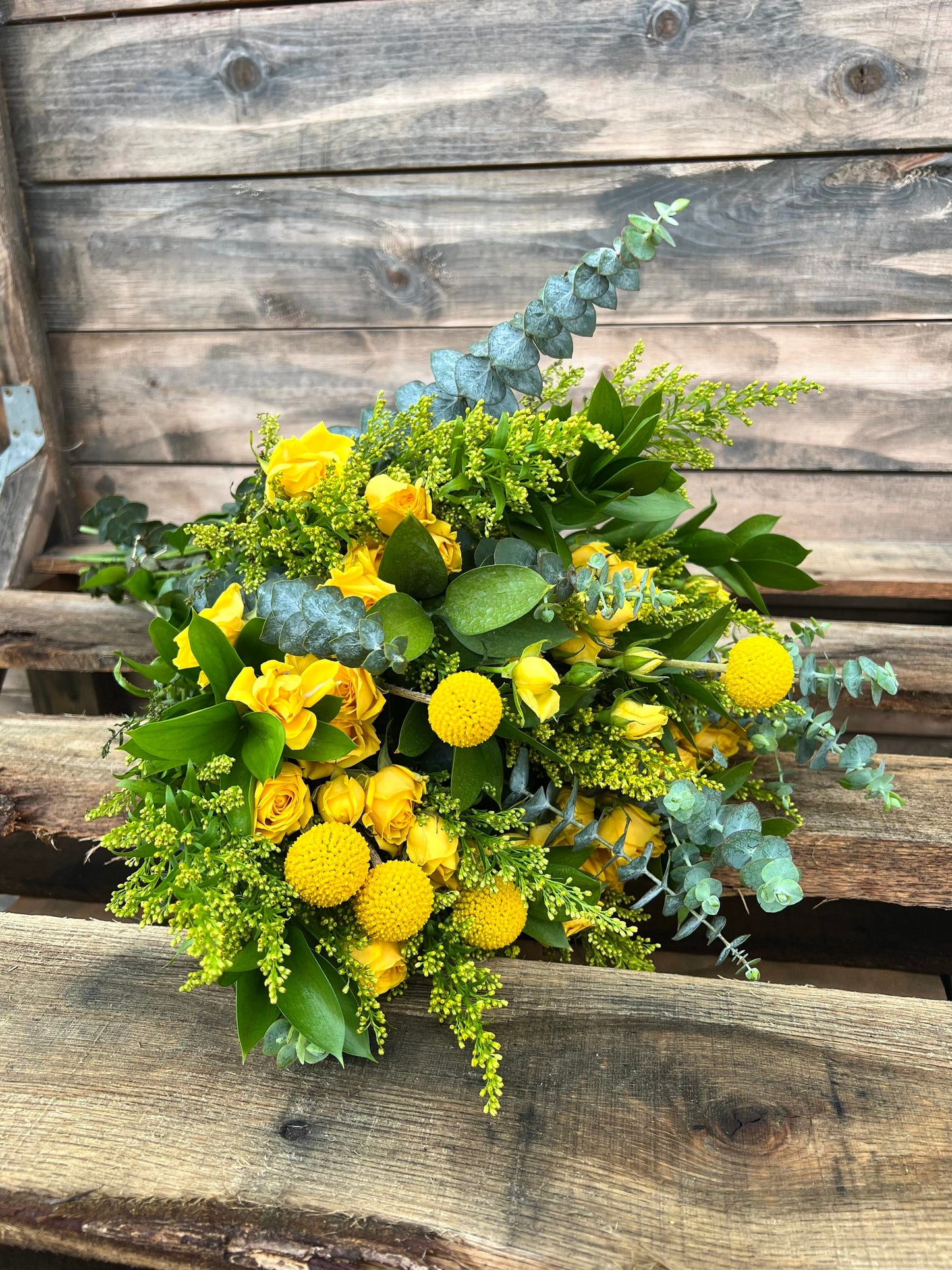 Real Fresh Flower Bouquet Yellow, Eucalyptus Ruscus, Billy Balls, Yellow Roses perfect gift summer home decor Graduation gift