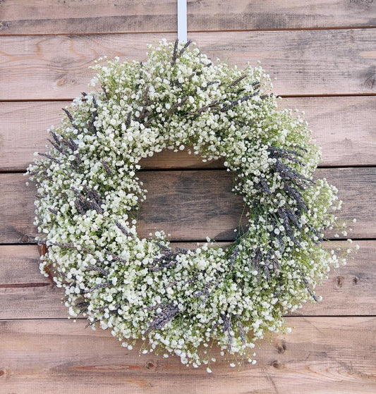 FRESH Baby’s Breath and Dried Lavender Wreath for Front Door Decor, Weeding Decor, Birthday Gift, Spring, Summer, Valentines Day Gift