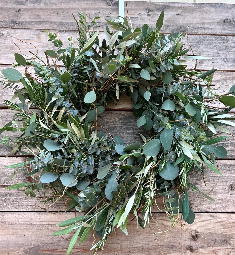 FRESH Curly Willow, Eucalyptus, Olive, Rosemary Wreath, front door decor. Spring, Wedding, Valentines Birthday Gift, Kitchen, Window, Summer