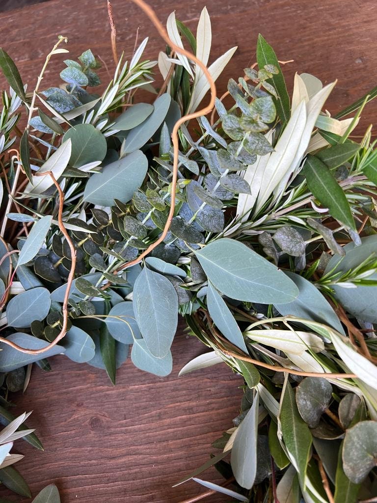 FRESH Curly Willow, Eucalyptus, Olive, Rosemary Wreath, front door decor. Spring, Wedding, Valentines Birthday Gift, Kitchen, Window, Summer