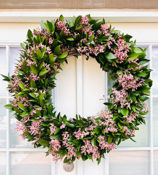 Fresh Real Ruscus, Pink Misty Wreath for Front Door, Colorful, Birthday Gift, Wedding, Kitchen, Home Decor, Spring, Easter, Valentines Day