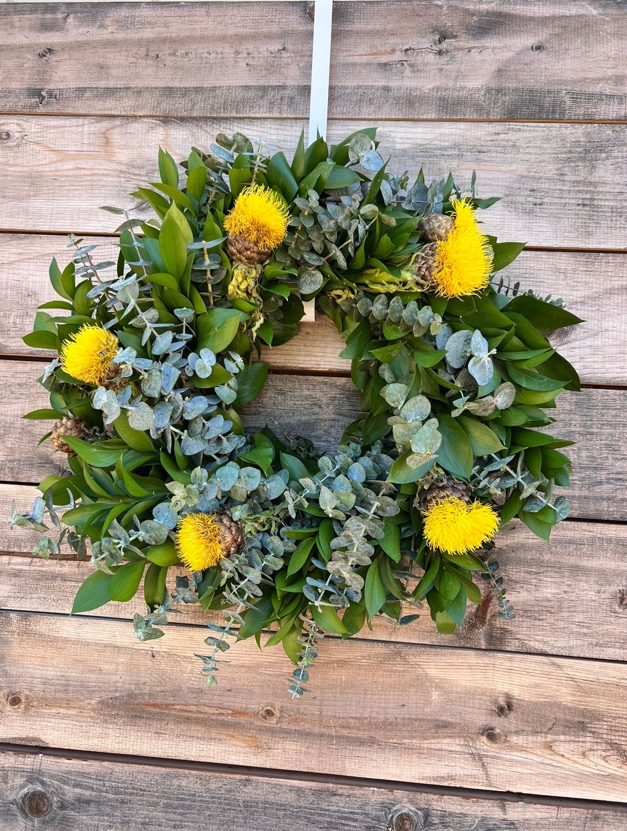 Fresh Natural Ruscus, Eucalyptus Yellow Flowers Wreath for Front Door Decor Wedding Home Decor Birthday Gift, Party, Kitchen, Spring Summer