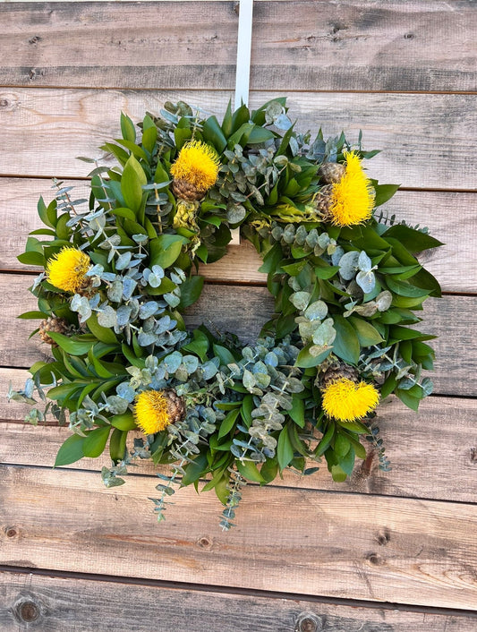 Fresh Natural Ruscus, Eucalyptus Yellow Flowers Wreath for Front Door Decor Wedding Home Decor Birthday Gift, Party, Kitchen, Spring Summer