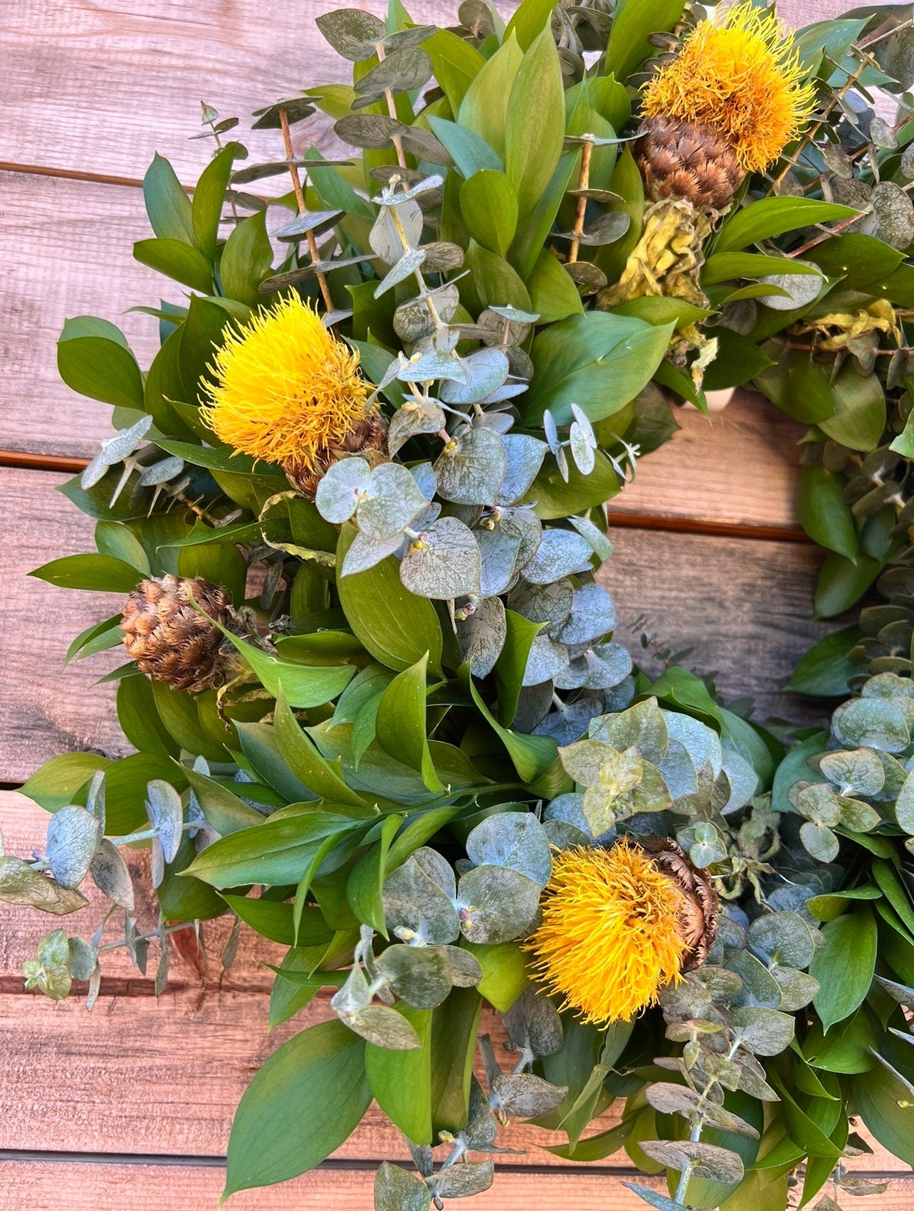 Fresh Natural Ruscus, Eucalyptus Yellow Flowers Wreath for Front Door Decor Wedding Home Decor Birthday Gift, Party, Kitchen, Spring Summer