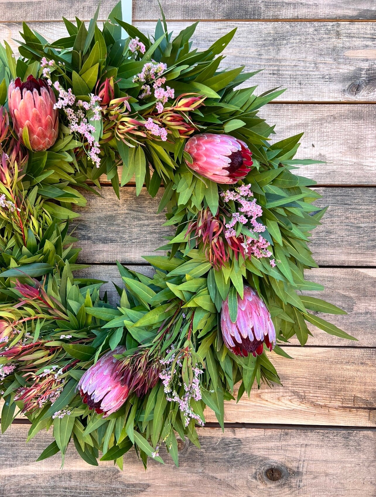 FRESH wreath Real Bayleaf, Pink Misty, Pink Ice Protea, Safari  Front Door Decor, Spring Easter. Valentines day housewarming gift birthday