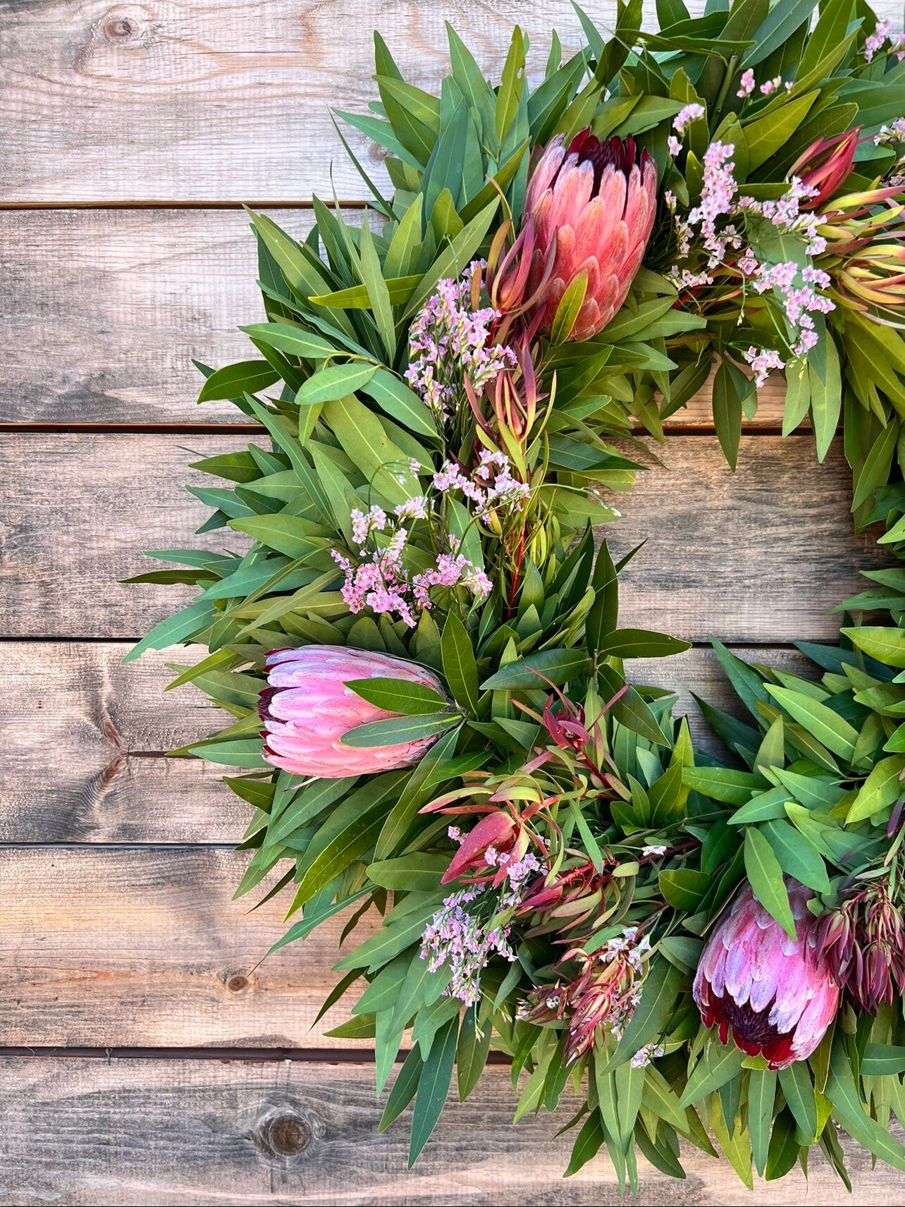 FRESH wreath Real Bayleaf, Pink Misty, Pink Ice Protea, Safari  Front Door Decor, Spring Easter. Valentines day housewarming gift birthday