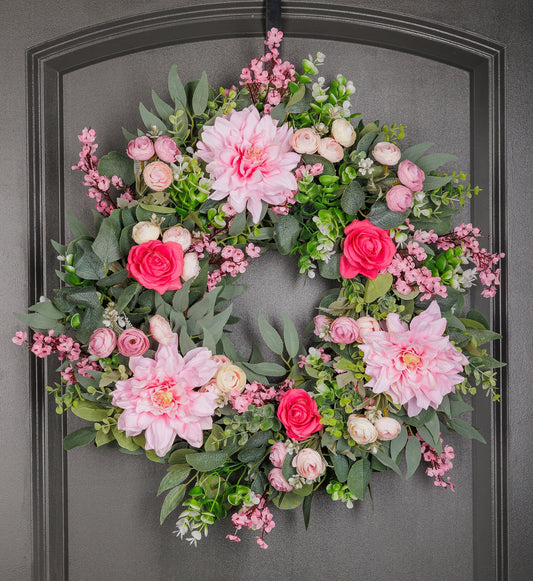 Wreath for Front Door Decor, Pink Tones Faux Artificial Real Touch Indoors, Outdoors, Valentines Day, Spring, Birthday Gift, House Warming