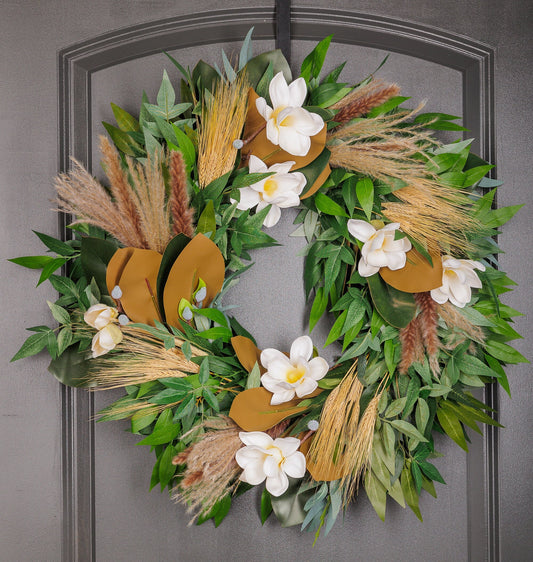 Wreath for Front Door Decor,Christmas,New year, Faux with touches of Dried  Flowers. Indoors, Winter, Birthday Gift, Magnolia, Pampas.