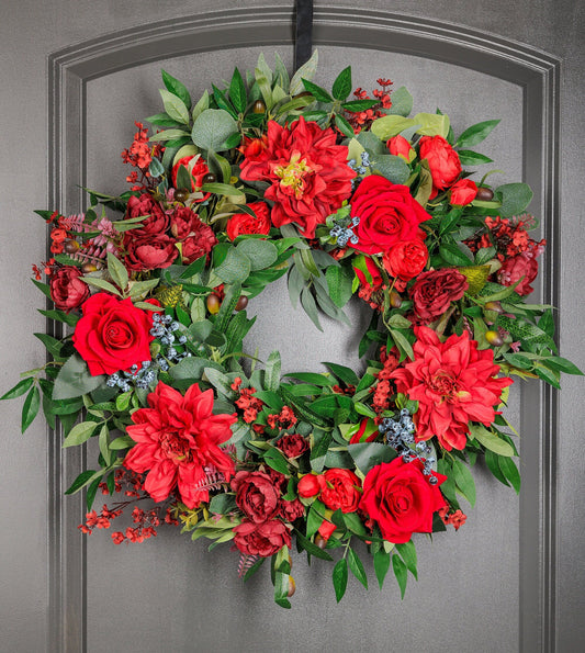 Wreath for Front Door Decor, Red Tones Faux Artificial Real Touch Indoors, Outdoors, Office, Christmas, New year Birthday, House Warming